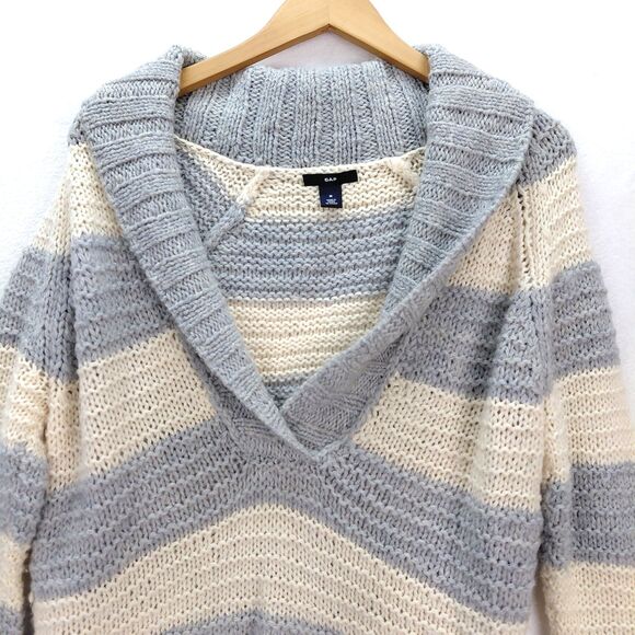 GAP Cable Knit Sweater Womens Size M Gray Cream Striped Wool Alpaca Shawl Collar - Picture 2 of 10
